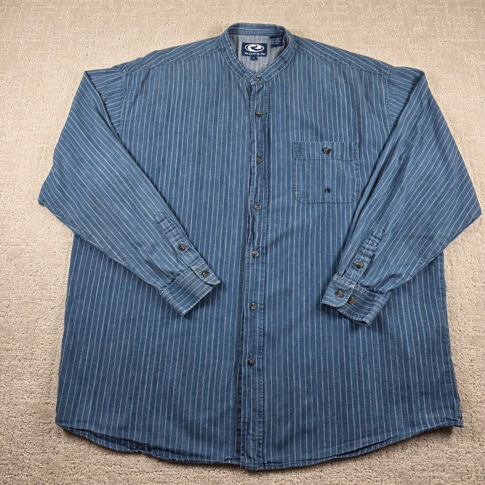 Roper Mens XL Blue Pinstripe Banded Collar Western Yoke Denim Long Sleeve Shirt